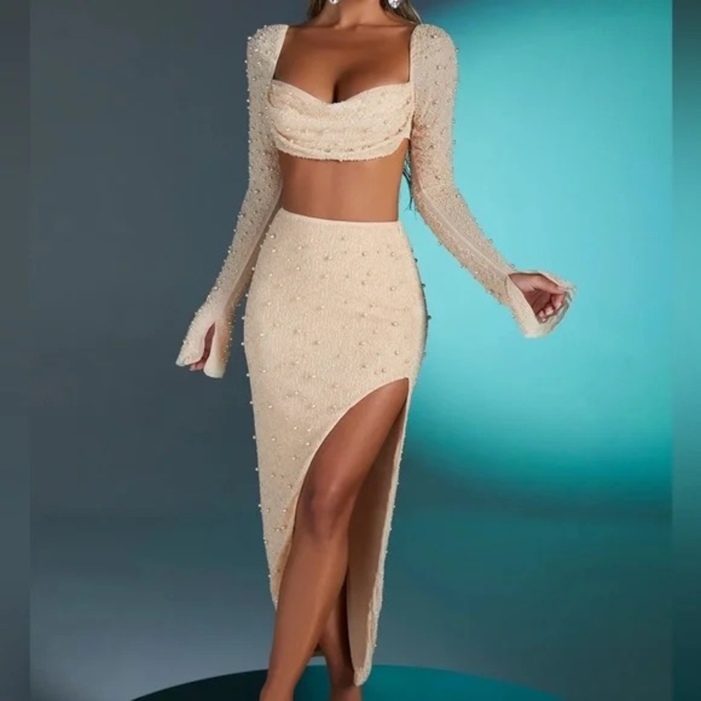 NWT Oh Polly Cream Pearl-Embellished SET